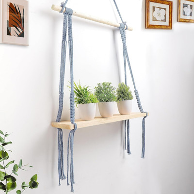 ZAWI Macrame Indoor Wall Hanging Shelf Chic Decor Wood Floating Boho Shelves(OFF WHITE)
