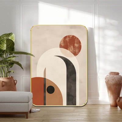 Aartify Abstract Modern Wall Decor with Golden Frame | Neutral Arches & Retro Circles Digital Reprint 24 inch x 18 inch Painting(With Frame)