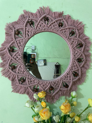 ZAWI Macrame Hanging Wall Mirror with Macrame Round Mirror Art Boho Decor(40 cm X 40 cm, ROSE PINK)