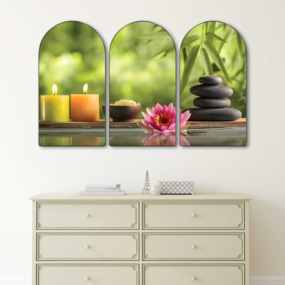 saf Spa Meditation Wall Decor 3 Panel Set | Zen Candle Lotus Stone Art on MDF Board Digital Reprint 20 inch x 30 inch Painting(With Frame, Pack of 3)
