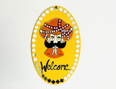 Artistry the indian way Rajasthani Men Wall Hanging (Oval) For Welcoming Guests, Wall Déco, Entrance Déc(Yellow)