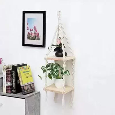 ZAWI Macrame Indoor Wall Hanging Shelf Chic Decor Wood Floating Boho Shelves(OFF WHITE)