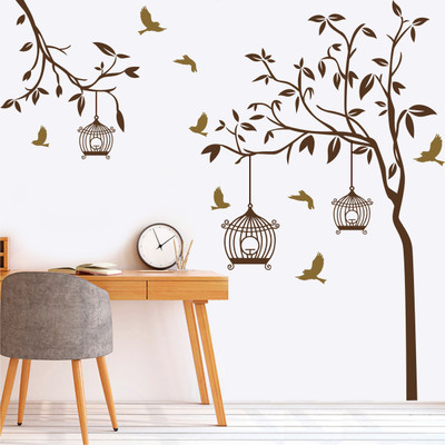 WALMORA 150 cm Tree with Birds -Cages - Nature - Leaf - Decorative - Wall Sticker - WM 033 Self Adhesive Sticker(Pack of 1)