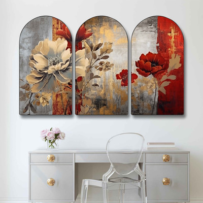 saf Abstract Floral Wall Art – 3 Panel Modern Red & Beige Flowers Textured Digital Reprint 30 inch x 50 inch Painting(With Frame, Pack of 3)