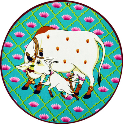 ADIKALA MDF Round Shaped Pichwai Cow & Calf With Lotus Design 6 INCH- Pack of 6(Firozi)