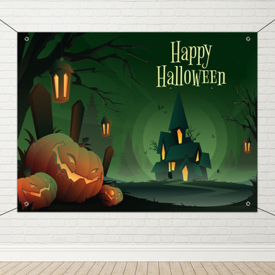1iAM Halloween Decoration Flex Pack of 4 - Blue Flex (4x3ft), Hooks & Ribbon Pack of 4(48 inch X 36 inch, Multicolor)
