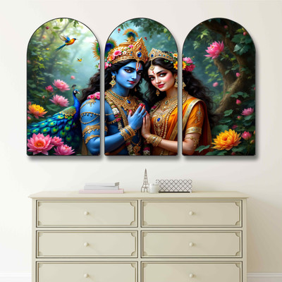Aartify Radha Krishna Wall Art | Set of 3 Panel Divine Artwork with Peacock Digital Reprint 20 inch x 30 inch Painting(With Frame, Pack of 3)