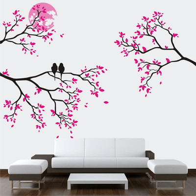 WALMORA 180 cm Pink - Tree - Branch - Bird -Nature Art - Wall Sticker - WM 087 Self Adhesive Sticker(Pack of 1)