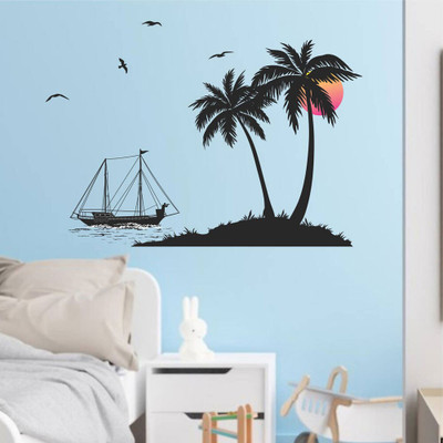 WALMORA 120 cm Coconut - Tree - Boat - Beach - Sunset - Wall sticker - WM 238 Self Adhesive Sticker(Pack of 1)