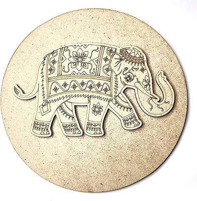 ADIKALA Elephant MDF Engraved Design Wall Plate Base with Frame DIY Craft(Brown)