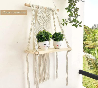 FAJRTRADERS Macrame Wall Hanging Shelf Macrame Cotton Floating Shelf Boho Plant Hanger(19.86 inch X 12.59 inch, White)