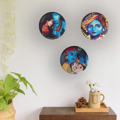 KathaPlates Eco-Friendly Hand Painted Radha-Krishna Wall Plates With Pre-attached Hooks Pack of 3(25 cm X 25 cm, Multicolor)