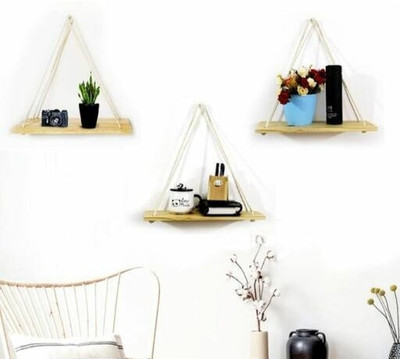 RAGHWANI Macrame Wall Hanging Shelf Wood Floating Boho Shelves with Wooden Dowel Living(White)