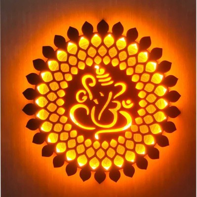 OM MANDALA CREATION Bhagwan Ganesh Wall Hanging LED Light wall Décor 12X12 inch.(12 inch X 12 inch, Brown & Golden yellow)