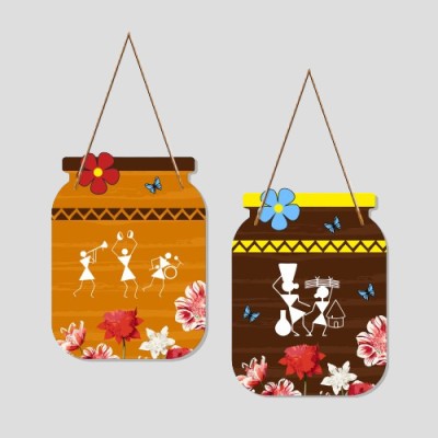 Fabaura Warli Art Wooden Designer Wall Hanger for Home Decoration (WH_6803N-F) Pack of 2(12 inch X 9 inch, Brown)