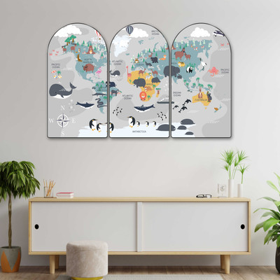 saf Kids World Map Animal Theme Arch Shape Painting Set of 3 | Nursery & Playroom Digital Reprint 20 inch x 30 inch Painting(With Frame, Pack of 3)