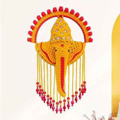 Kasba Macrame Shri Ganesha Wall Hanging | With Crystal Beads(17 inch X 6 inch, Golden Yellow & Red)