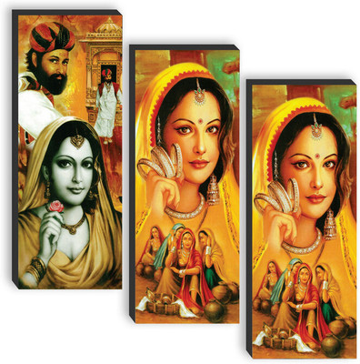 saf Set of 3 Traditional Rajasthani Woman UV textured self adeshive wall painting Pack of 3(Multicolor)