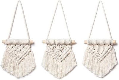 TIMJO Mini Macrame Wall Hanging Decor Handmade Woven Tapestry Tassel Wall Hanging Pack of 3(6 inch X 10 inch, OFF WHITE)