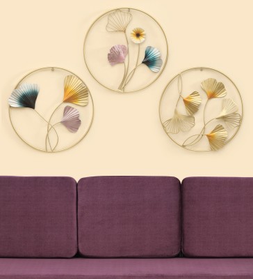 Vedas Asher Round Ginko Leaf Wall Hanging Decor with Round Frame (Set of 3) Pack of 3(18 inch X 18 inch, Multicolor)