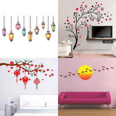 APTIO 45 cm Wall Sticker Hanging Lamp magical tree flower & lantern Sunrise & Flying Bird Self Adhesive Sticker(Pack of 4)