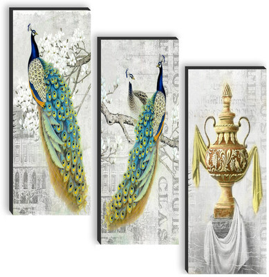 saf Set of 3 Peacock UV textured self adeshive wall painting for home decoration Pack of 3(Multicolor)