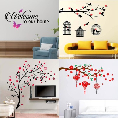 APTIO 45 cm Wall Sticker Welcome Home Butterfly Birds & Hearts magical tree flower & lantern Self Adhesive Sticker(Pack of 4)