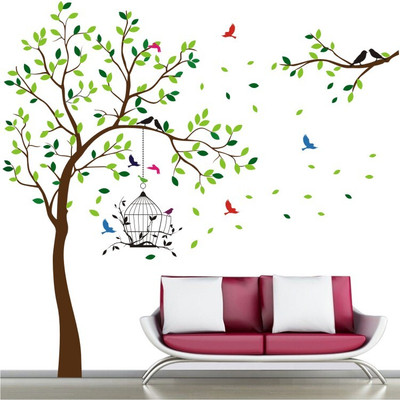 WALMORA 240 cm Extra Large - Tree - Branch - Flying Birds - Cage - Wall Sticker - WM 105 Self Adhesive Sticker(Pack of 1)
