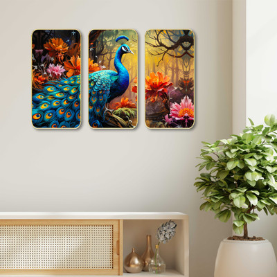 SAF PRINT Peacock with Flowers 3 Panel MDF Wall Painting for Living Room Home Decor Pack of 3(20 inch X 35 inch, Navy)
