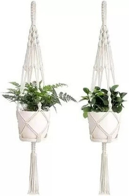 TIMJO Cottoncube Macrame Cotton Plant Hanger [Without Pot] | Rope Flower Pot Holder Pack of 2(30 inch X 10 inch, OFF WHITE)