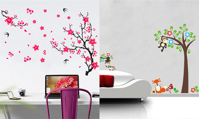 EJAart 70 cm Combo Set of 2 Wall Stickers | Different tree with flower | Monkey tree Self Adhesive Sticker(Pack of 2)