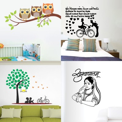 APTIO 45 cm Owl Family of 3 Chal Do Na English Kids under the tree Suswagatam Self Adhesive Sticker(Pack of 4)