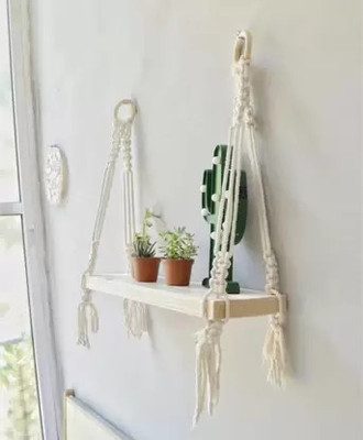 ZAWI Macrame Indoor Wall Hanging Shelf Chic Decor Wood Floating Boho Shelves(OFF WHITE)