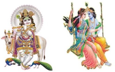 EJAart 70 cm Combo Set of 2 Wall Stickers Nandlal with Cow | Radha Krishna Raas Self Adhesive Sticker(Pack of 2)
