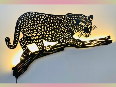 India Decor Shop Tiger Shaped Wall Decoration 3D Wall Sculpture for Bedroom black golden with LED(34 cm X 80 cm, Black, golden)