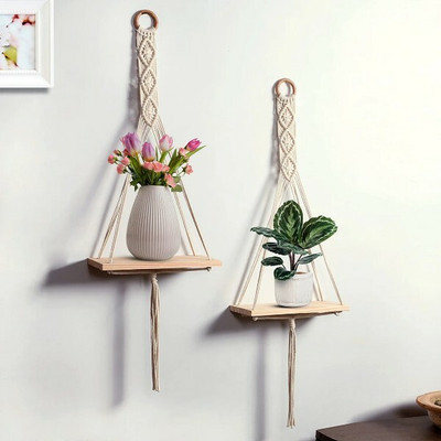 RAKANO Macrame Handmade Wall Shelf Cotton Cord Pine Wooden Hanging Pack of 2(OFF WHITE)
