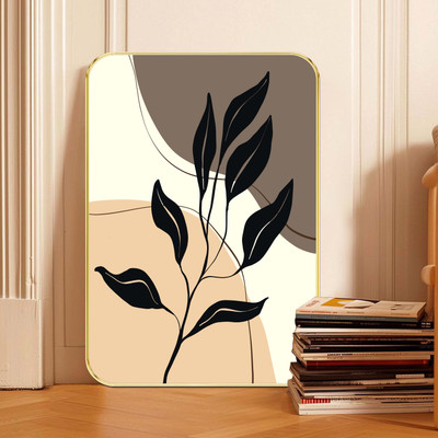 Aartify Abstract Leaf Wall Art | Modern Black Botanical Print with Beige & Brown Shapes Digital Reprint 24 inch x 18 inch Painting(With Frame)