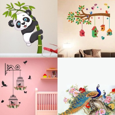 APTIO 45 cm Wall Sticker Branches and Cages Royal Peacock Baby Panda Bird House Branch Self Adhesive Sticker(Pack of 4)