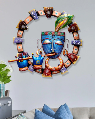Craftowl Metal Kanha Playing Flute Wall Hanging Showpiece Figurine for Home Decor and Office (19x19x2 Inch)(48 cm X 48 cm, Multicolor)