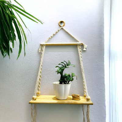 decour Handmade Macrame Wall Hanging Shelf - Natural Sagwan Wood with White Knot Design(Brown, White)
