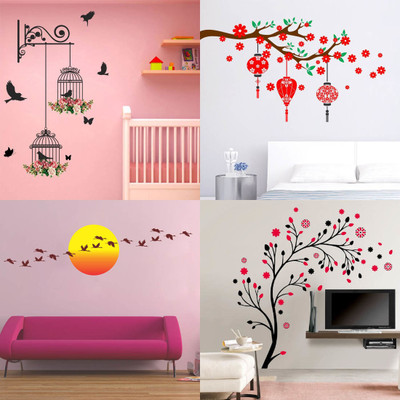 EJAart Branches and Cages+magical tree+Red flower & lantern+Sunrise & Flying Bird Pack of 4(Pink)