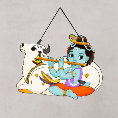 HOUSE OF COMMON Bal Krishna with Cow MDF Wall Hanging | Cute Flute Krishna Temple Decor(30 cm X 20 cm, Multicolor)
