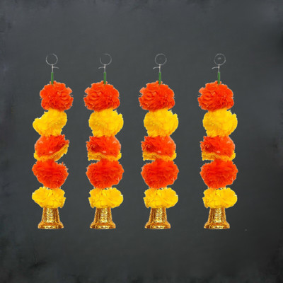 eCraftIndia Artificial Marigold Flower Garland with Bells Wall Hanging (Pack of 4) Pack of 4(32 cm X 1 cm, Multicolor)