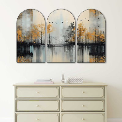 Aartify Modern Abstract Forest Lake Wall Decor 3 Panel Set | Golden Tree & Birds Digital Reprint 50 inch x 30 inch Painting(With Frame, Pack of 3)