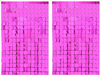 ANVRITI Two Pink Square fringe foil curtain Pack of 2(Pink)