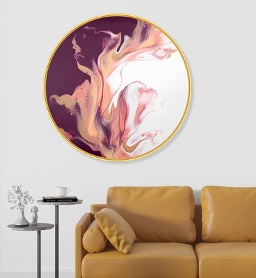SAF PRINT Pink & Maroon Abstract Round Wall Painting | Modern Fluid Art with Golden Frame(Multicolor)