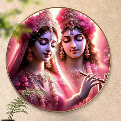 SAF PRINT Radha Krishna Divine Wall Painting | Round MDF Artwork with Golden Frame(Multicolor)