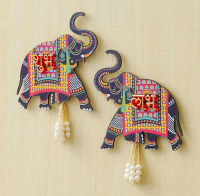 Thevernicalabel Shubh Labh Elephant Wall Hangings Pack of 2(4 inch, Blue)
