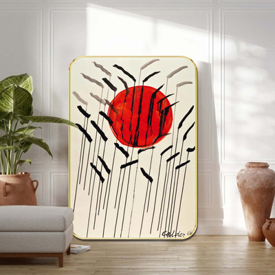 Aartify Abstract Red Sun Wall Decor japanese-Inspired | Modern Ink Brush Stroke Art Digital Reprint 19.5 inch x 13.5 inch Painting(With Frame)