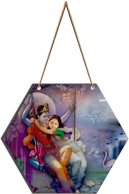 HOMBLI Hexagon MDF Wooden Wall Hanging - Radha Krishna Swing Artistic Decor(39 inch X 11 inch, purple,green)
